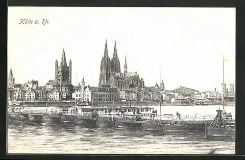 AK Köln, Panorama mit Pontonbrücke und Dom