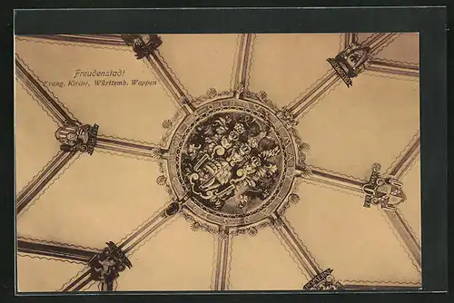 AK Freudenstadt, Evang. Kirche, Württemb. Wappen