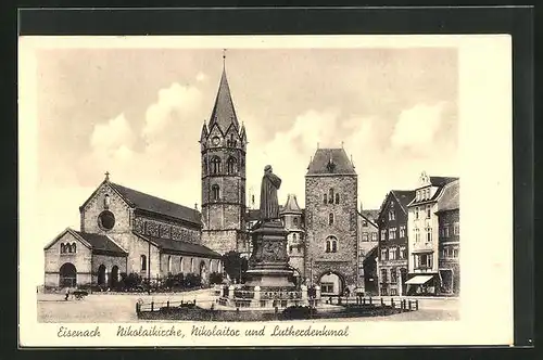 AK Eisenach, Nikolaikirche, Nikolaitor und Lutherdenkmal