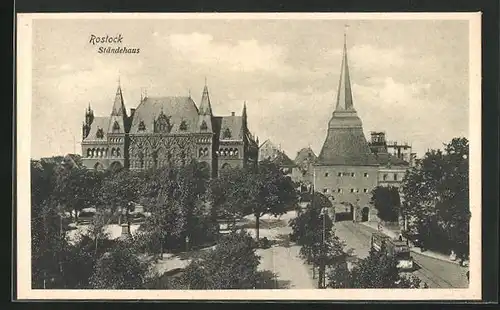 AK Rostock, Ständehaus mit Strassenbahn