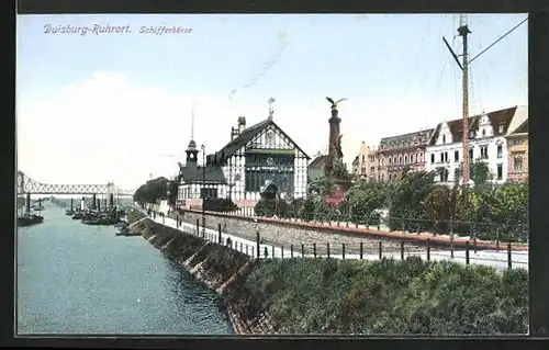 AK Duisburg-Ruhrort, Schifferbörse mit Denkmal