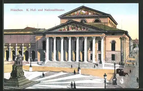 AK München, K. Hof- und Nationaltheater mit Denkmal