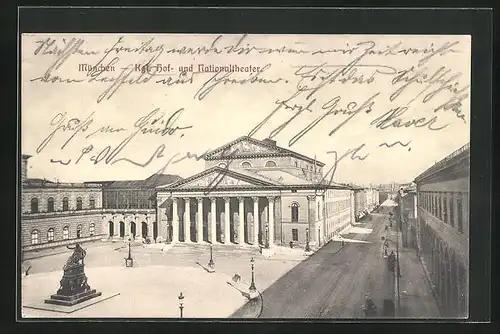 AK München, Königliches Hof- und Nationaltheater mit Denkmal