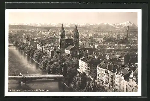 AK München, Isarpartie mit Gebirge