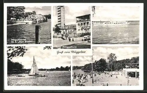 AK Berlin-Köpenick, Müggelspree MS Bert Brecht, Strandbad Rahnsdorf, Müggelturm