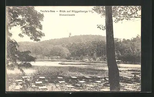 AK Berlin-Köpenick, Blick auf Müggelberge mit Bismarckwarte, Teufelssee