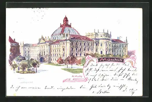 Künstler-AK München, Justizpalast mit Anlagen