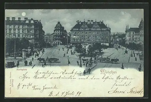 Mondschein-AK München, Karlsplatz gegen Warenhaus Hermann Tietz