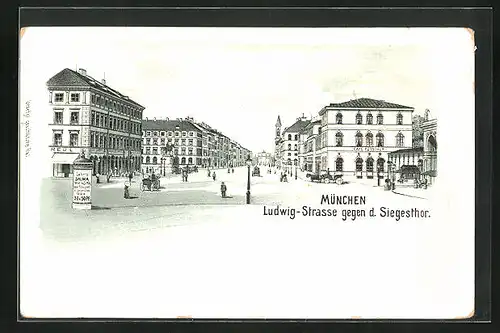 Lithographie München, Ludwig-Strasse gegen d. Siegesthor