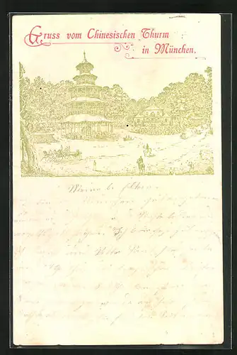 Lithographie München-Schwabing, Chinesischer Turm mit Pferdewagen