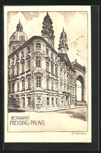 Künstler-AK München, Restaurant Freysing-Palais