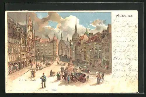 Künstler-AK München, Marienplatz mit Mariensäule