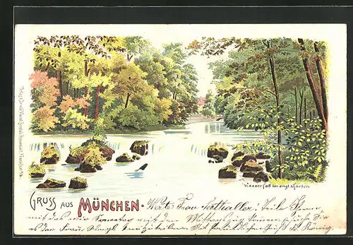 Lithographie München-Schwabing, Wasserfall im englischen Garten