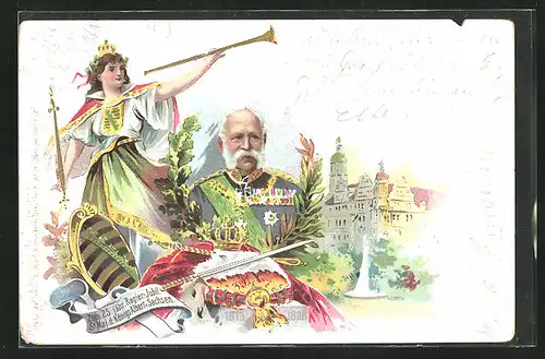 Lithographie Portrait von König Albert von Sachsen mit Saxonia
