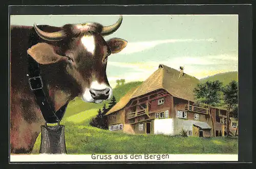 Präge-AK Kuh mit Glocke vor Bauernhaus