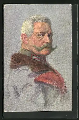 Künstler-AK Generalfeldmarschall Paul von Hindenburg in Uniform mit Mantel