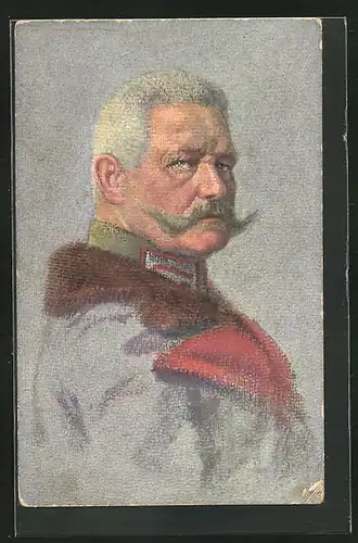 Künstler-AK Generalfeldmarschall Paul von Hindenburg in Uniform und Mantel