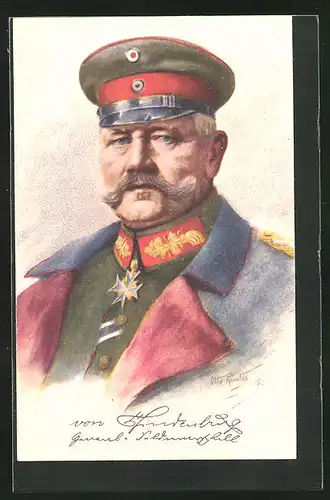 Künstler-AK Generalfeldmarschall Paul von Hindenburg in Uniform mit Schirmmütze