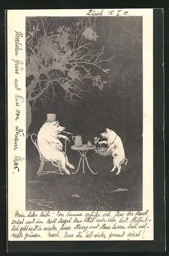 AK Reiches Schwein am Cafe-Tisch und Blumenmädchen