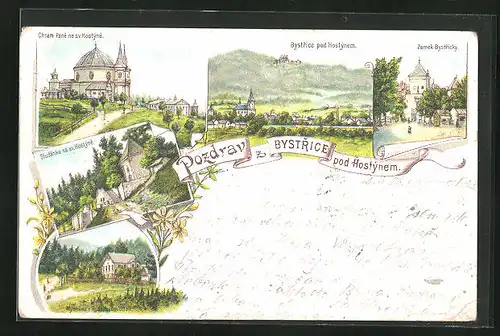 Lithographie Bystrice pod Hostynem, Zámek, Studánka na sv. Hostyne