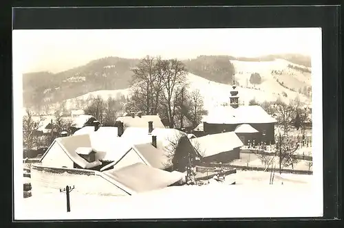 AK Velke Karlovice, Dreveny kostel z r. 1752, Schneepanorama