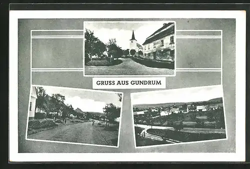 AK Gundrum, Teilansicht, Kirche, Strassenpartie mit Gebäudeansicht