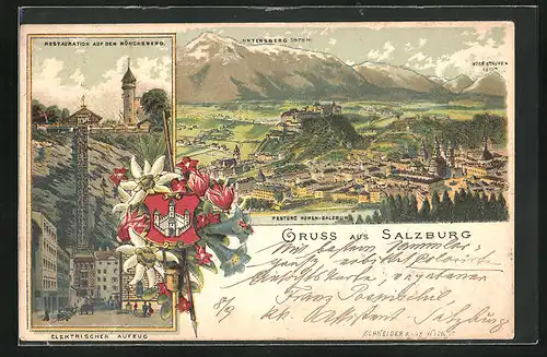 Lithographie Salzburg, Restaurant auf dem Mönchsberg, Untersberg, Festung Hohen-Salzburg