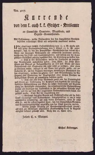 Kurrende Graz, Gericht in Kriegszeiten von 1805, verfasst von Joseph E. v. Marquet