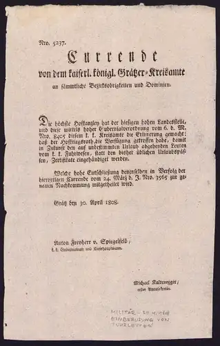 Kurrende Graz, Einberufung von Fuhrleuten von 1808, verfasst von Anton Freiherr v. Spiegelfeld