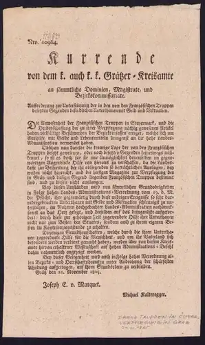 Kurrende Graz, Verpflegung von franz. Truppen in Österreich von 1805, verfasst von Joseph E. v. Marquet