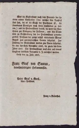 Kurrende Graz, Schadenswiedergutmachung nach Frieden von 1806, verfasst von Franz Graf von Saurau