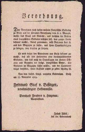 Verordnung Graz, Verteilung der Rationen an franz. Soldaten von 1809, verfasst von Ferdinand Graf v. Bissingen
