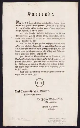 Kurrende Graz, Strassenaufsicht nach Ausmarsch der Franzosen von 1797, verfasst v. Karl Thomas Graf v. Breuner