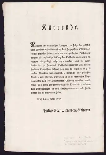 Kurrende Graz, Schreiben bezüglich franz. Friedensvertrag und Zivilverwaltung, verfasst von Philipp Graf v. Welsperg