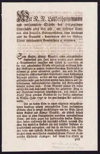 Verordnung Graz, Schreiben bezüglich Kriegsanleihe von 1796, verfasst von Karl Thomas Graf v. Breuner