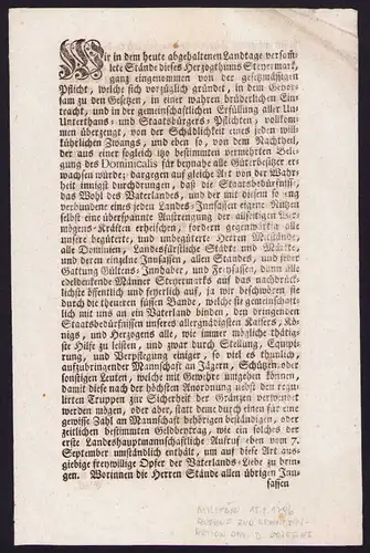 Kurrende Graz, Aufruf zur Spendenaktion anlässlich d. Krieges von 1796, verfasst von Karl Thomas Graf v. Breuner