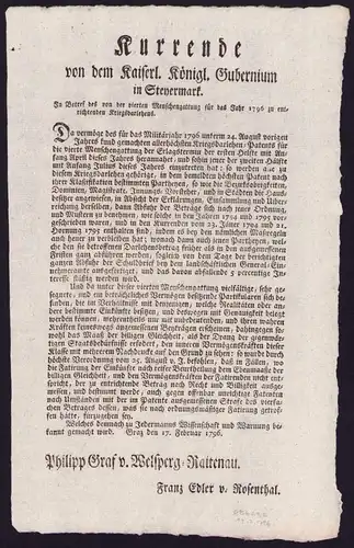 Kurrende Graz, Schreiben bezüglich Abgaben von 1796, verfasst von Philipp Graf v. Welsperg-Raitenau