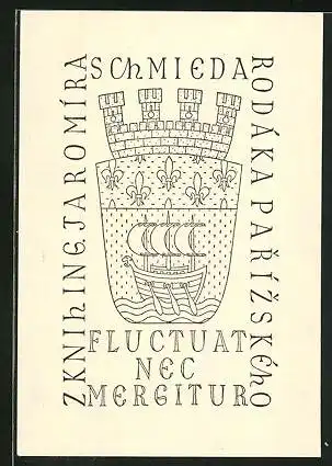 Exlibris Zknihing Jaromira, Wappen mit Galere und Burgzinnen