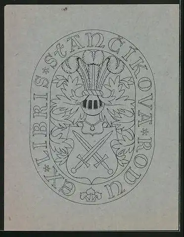 Exlibris Stancikova Rodu, Wappen mit Ritterhelm, Wappenschild mit gekreuzten Schwertern