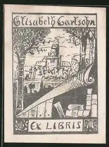 Exlibris Elisabeth Garlsohn, Burg-Panorama mit Bücherregal