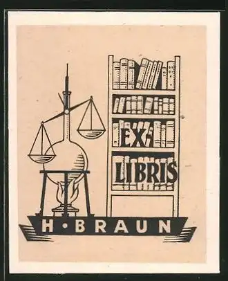 Exlibris H. Braun, Bücheregal, Waage und Kolben mit Brenner