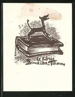 Exlibris von E. Kaijas für Sindida Tamm, bellender Hund auf Buch stehend