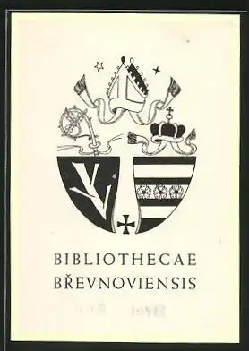 Exlibris Bibliothecae Brevnoviensis, Wappenschilder mit Ast & Blumen, Stab & Kopfbedeckungen Geistlicher
