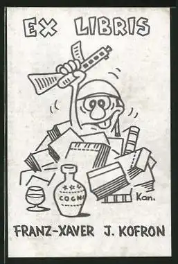 Exlibris Franz-Xaver J. Kofron, Soldat mit Sturmgewehr kämpft sich durch Bücherstapel