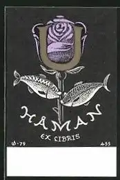 Exlibris Haman, Lila Rose mit Buchstabe U von Fischen umgeben