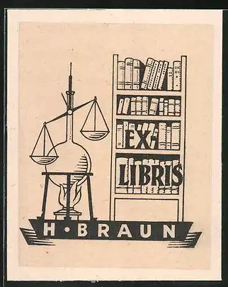 Exlibris H. Braun, Bücherregal nebst Labor mit Waage, Kolben & Brenner