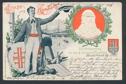 Präge-AK Hamburg, 9. deutsches Turnfest, Fried. Ludw. Jahn, grüssender Turner