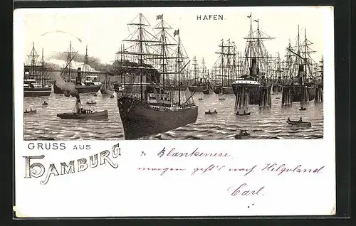 Vorläufer-Lithographie Hamburg, 1895, Hochbetrieb im Hafen