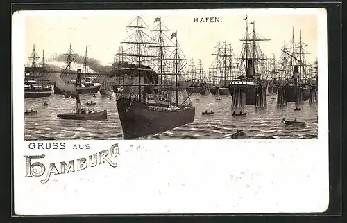 Vorläufer-Lithographie Hamburg, 1895, Schiffe im Hafen