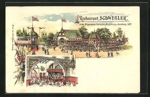 Lithographie Hamburg, Allgemeine Gartenbau-Ausstellung 1897, Restaurant Schwegler